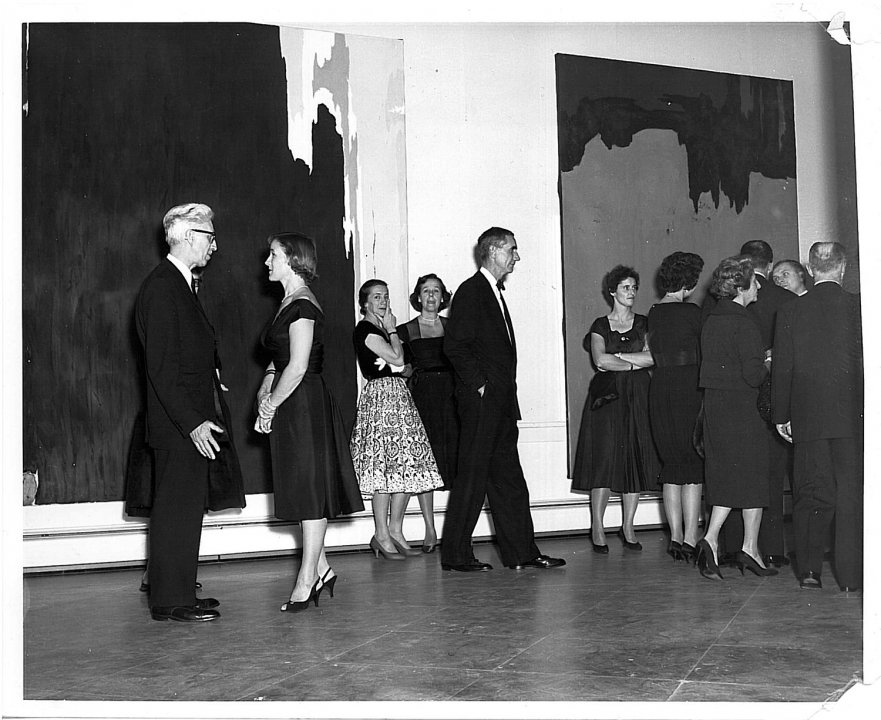Clyfford Still (at left) at the members’ opening for Paintings by Clyfford Still, Albright Art Gallery, November 4, 1959