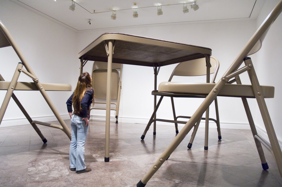 Installation view of Robert Therrien’s No title (folding table and chairs, beige), 2006