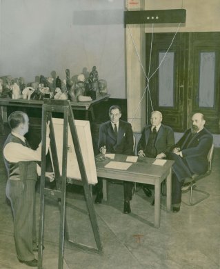 Judges at the 14th Annual WNY Exhibition, 1948. From left to right: Robert Westfall, Alfred Barr, Max Weber, and Ivan Meštrović