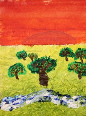Painting of a green landscape with orange sky