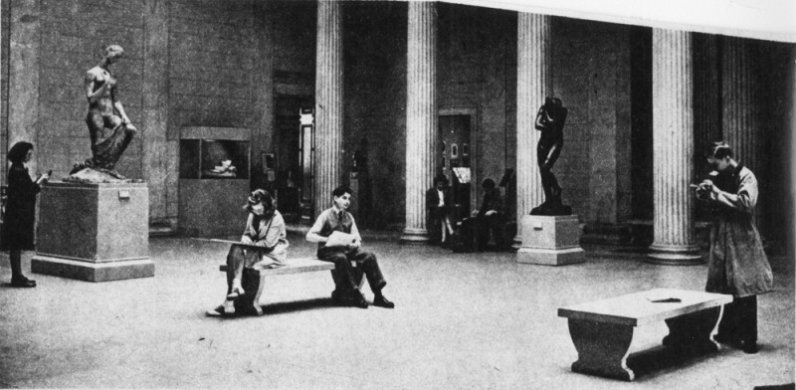 The Albright-Knox Art Gallery’s Sculpture Court with Reclining Hercules, not dated; Anna Glenny Dunbar's Katherine Cornell, 1930; and August Rodin's Eve, 1881