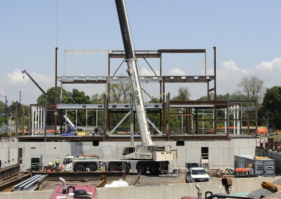 Construction site with a steel frame of a new building