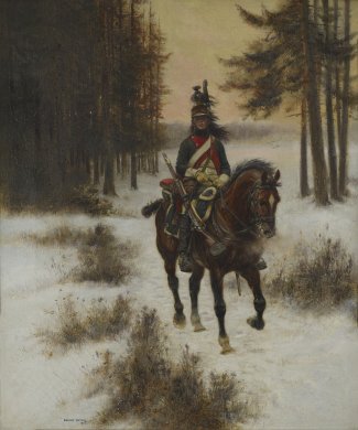 This painting features at center a young man in a blue and red military uniform and carrying a rifle mounted on a chestnut brown horse. They ride through a winter landscape. Light snow covers the ground, perforated by small clumps of brown and dried-looking grasses. A cluster of tall pine trees fills the upper-left corner and a few additional trees frame the right edge of the canvas. The small patch of sky visible behind the rider is tinged the light pink of dawn.