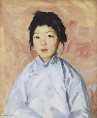 This painting features a young Asian woman, shown from the waist up, against a loosely painted background of warm yellow and tangerine orange. The paint has been applied with visible brushstrokes throughout. She meets the viewer’s gaze, and a hint of smile plays across her lips. Her long-sleeved lilac top features a standing collar, and light blue piping extends from the collar to the right edge of her torso and down to her waist. A couple loose strands of her jet-black hair frame her face.