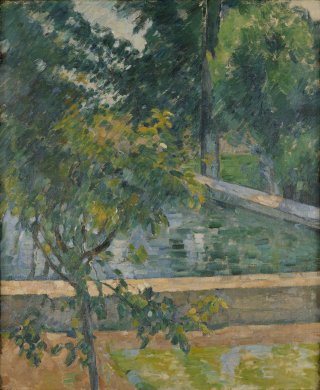 Similarly short, distinct brushstrokes coalesce into the trees and shallow, walled pool that fill this landscape. A thin-trunked tree with light-dappled yellow-green foliage fills much of the left side of the canvas. Behind the tree, a low sandy colored wall contains a shallow, rectangular pool of water. Additional trees with darker green leaves line the right edge of the pool, extending to the upper edge of the canvas.
