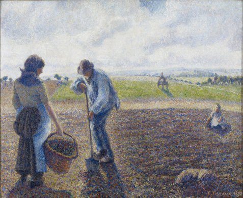 A landscape of recently cleared fields and grass covered hills beneath a sunny blue sky filled with white clouds fills this horizontally oriented painting. In the bottom left foreground, a woman holding a basket in her right hand watches as a man thrusts a shovel into the ground. A horse-drawn wagon approaches in the distance, and a child sits in the field toward the right edge of the painting. The entire scene is rendered in individual dots of paint in deep blue, violet, green, orange, and other shades.