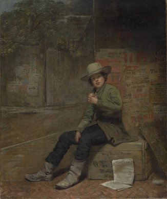 A young boy wearing a brimmed hat, green jacket, long black pants, and brown leather boots sits on a wooden crate at the side of a red brick road. He holds an apple in his left hand, and there are a couple newspapers at his feet. The brick wall behind the boy is covered in layers of printed posters.