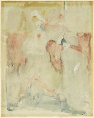 Two female figures in Edwardian attire seated in a Paris café are rendered in faint pencil and washes of red, blue, gold, and brown watercolor paint alongside large swathes of unpainted manila paper. The central character is blonde and faces forward. Her right arm rests across her lap, and her left arm extends across the top of a seating bank. To her right, a dark-haired woman leans in slightly. Behind them, a couple dances and other figures look on, enriching the scene’s leisurely ambiance.