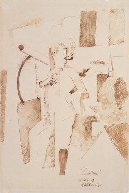 A white man in soldier’s attire stands in the center on this small, vertically oriented drawing in sepia-colored ink. His right leg is bent, and his left hand is pocketed. His claw-like right hand hovers in front of his chest, evoking anxiety. With a smoky pipe in his mouth, he looks over his right shoulder at rooftops and scribbled treetops. In the upper-right, a flag partially eclipses arced clouds. On the left-side of the page, a dark circle and cylinder form a cannon.