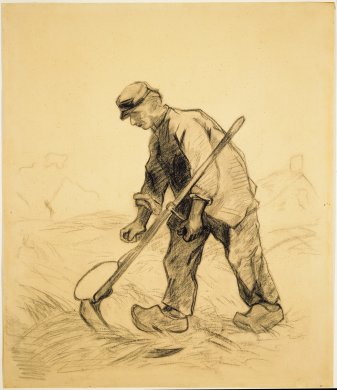 A man wearing a rolled-sleeve shirt, pants, clogs, and a hat stands in a field in the foreground of this vertically oriented, sketch-like charcoal drawing on cream-colored paper. In the foreground, a man in a field lends scale and depth to the overall composition. He looks down at the scythe that extends from his left hand, his back bent to soak up the sun.  In the distance, faint outlines of a house and a cluster of trees meet the horizon. The artist left the top half of the page empty.