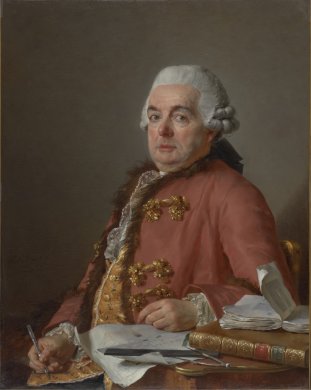 A ruddy-complexioned, jowly man wearing a powdered white wig and a red fur-lined coat with elaborate gold fastenings over gold vest embroidered with small floral patterns sits at the center of this vertically oriented portrait. He sits at a table, staring straight out at the viewer and turning the rest of his body away slightly. He rests his left elbow on the table, which is littered with books, architectural drawings, a compass, and a ruler.