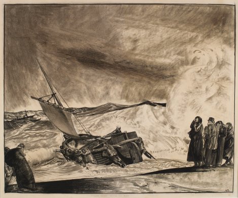 In the middle of this black and white, horizontally oriented pencil drawing six figures struggle to push a sailboat into a stormy sea while a seventh figure in the rear of the boat holds the tiller. A large white mass of mist swirls along the right side of the paper. In the lower left corner, two figures on the shore are pummeled by the wind, and in the lower right corner, four figures huddle against the weather. The female figure closest to the boat from this group appears to be calling out to it.