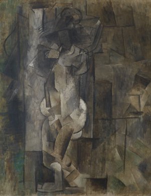 The contours of a figure gradually emerge from a field of muted browns, grays, and greens applied with visible brushstrokes. Dark lines partially divide the background into a patchwork of loosely defined geometric forms. Similar lines more concretely define the figure, who appears largely in profile with one arm raised behind her head.