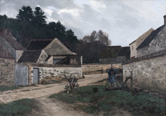 This horizontally oriented canvas features a loosely painted rural scene of several old stone houses and a dirt road running between them. Tall trees rise above behind the roofs. The grey and somber light that pervades the scene overall streams from a cloudy sky in the top quarter of the canvas. In the painting’s middle ground, a human figure wearing a blue shirt and light-colored trousers raises an axe above his head in order to chop a large branch at his feet.
