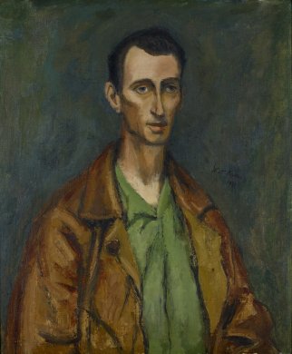 This portrait features a young Caucasian man shown from the waist up against a roughly defined background of blue, gray, and brown. The brushwork overall is quite loose. The man wears an oversized orange jacket open over a wrinkled light-green button-down shirt that gapes around his neck. The man’s face is very thin, with prominent cheekbones and sunken, gray-blue eyes. His shortly cropped brown hair is slightly receding above his right ear.