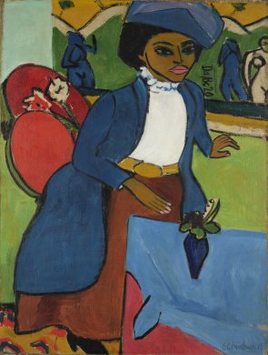 A black woman in a blue hat and coat of matching color over a brown skirt and white, high-necked blouse stands at the center of this painting. She appears to be standing up from a red-back chair, her left arm extended against an almost neon green form in the background. The bottom portion of a painting depicting nude figures in a landscape is visible behind her head, and the corner of a table covered with a light blue tablecloth fills the bottom right corner of the canvas.