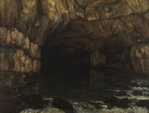 The dark mouth of a cave fills the center of this image. It is framed in the upper portion of the canvas by an arch of highly textured rocks in shades of light brown flecked with touches of cool red, pink, and blue. Dark water that becomes white foam as it flows over boulders at the bottom edge of the painting flows forth from the cave entrance.