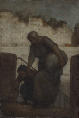 At center, a woman holds the hand of a small child, helping her up a set of stairs. The woman carries a bundle of laundry under her left arm, and both figures are dressed in what appears to be clothing typical of the mid-nineteenth century working class, although the dark, muted colors and sketchy brushwork make it difficult to make out detail. The brightly lit outlines of a city landscape cast the shadowy figures in strong relief.