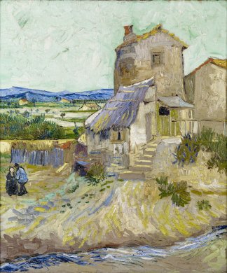 Loose thick brushstrokes in a vibrant palette define a rural scene beneath a turquoise green sky. On the right is a tall sandy colored building with a yellow roof and brownish-red chimney. Steps leads from the structure toward the left-hand side of the image, where, two people stand in front of a purple fence. Beyond the fence and toward the upper left of the image are green fields dotted with small houses and blue mountains in the far distance.