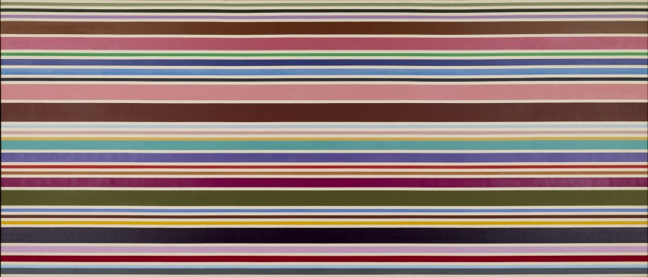 Twenty-eight stripes of different colors and widths run the width of this horizontally oriented painting. The very clearly defined bands are separated by pencil-thin stripes of unpainted canvas. While the colors used vary, they are mostly distinct hues of red, green, and blue.