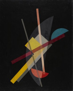 Multicolored geometric forms overlap against the solid black background of this vertically oriented abstract painting. A dark gray half circle centers the composition. A thin maroon rectangle cuts diagonally across its middle, and a smaller, blue half-circle sits flush on the right end of the rectangle. L shapes in yellow and light gray intersect the gray half-circle on steeper diagonals while pink and gray vertical stripes come in from the upper left, meeting a red half-circle at center bottom.