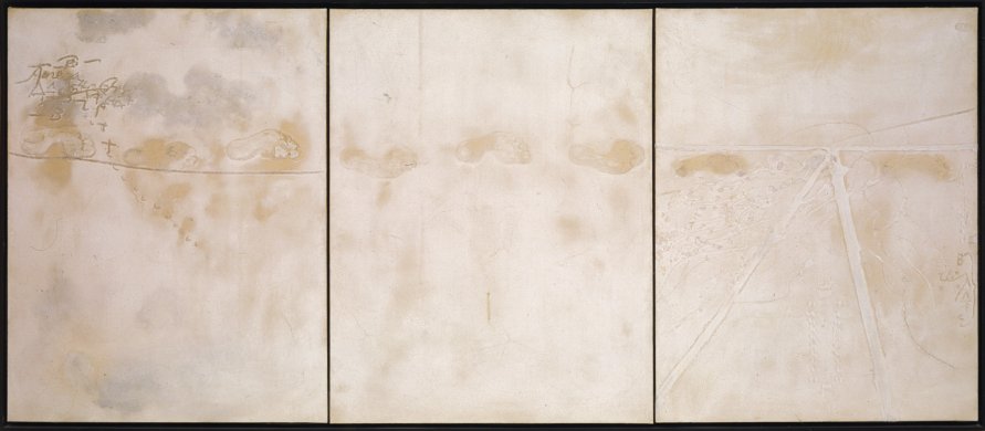 Three vertical cream-colored panels are joined to form a long thin horizontal work. A series of footprints stretches across all three panels, slightly above their centers. On the left panel, gray cloudlike forms float at top and bottom, and a grouping of letters and lines stretch diagonally from the upper left-hand toward the center. A series of lines and waves fill the bottom half of the right panel.