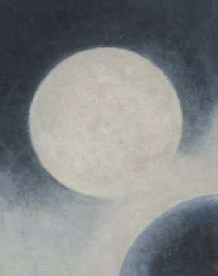 At the center of this vertically oriented abstract painting is a large white circle floating in space. The background is almost black at the top. The artist added white in light, dry brushstrokes to the lower third, making it much lighter. The effect is of a soft, otherworldly light. In the bottom right corner, one quarter of a black circle is visible, suggesting that the two spheres may eventually intersect, much like an eclipse.