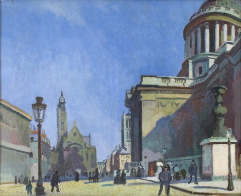 A large building topped by a dome held aloft by classical pillars dominates this brightly lit city scene. The building extends from the right edge of the canvas. On the left, a clear blue skills fills the area above a church with a large bell tower and a section of yellow cobblestones partially filled by a number of pedestrians.