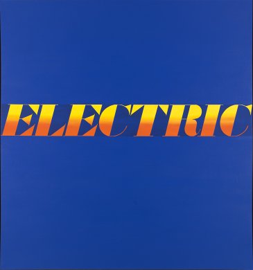 The word “electric” in all capital, italicized letters spans across the center of this almost square canvas. The letters are painted in a gradient from bright yellow at the top to rich orange at the bottom, standing out in stark contrast against the solid deep blue background.