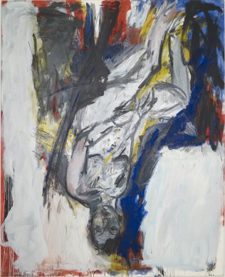 An upside-down, loosely painted image of a seated woman fill this vertically oriented painting. The woman’s face, near the bottom center of the canvas, is quite legible, but her form progressively becomes more abstract toward her feet at the upper right of the canvas. The confident, gray strokes that define her outline are filled with white and occasional rose hues; the background is also predominately white.