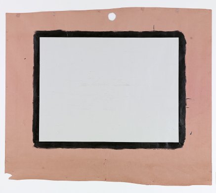 A large, white, horizontally oriented rectangle, edged by a thick, black outline, sits in the center of a sheet of dusty rose colored paper. The top and bottom edges of the paper are jagged, suggesting it was torn from a roll.