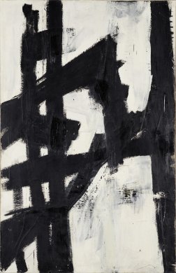 An abstract arrangement of broad black brushstrokes appears against a mostly solid white background. One stroke extends from the top to bottom of the painting along its right edge and another two of similar length appear near the left edge. Other, shorter strokes extend horizontally and diagonally among these vertical elements. The black lines could resemble in outline the type of buildings and bridges that populate New York City’s skyline.