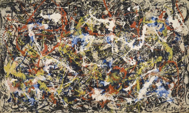 Artist Jackson Pollock dripped, poured, and splattered black, white, red, yellow, and blue oil paint across the entire surface of this large-scale, horizontally oriented canvas. The colors are visible as separate, overlapping and convey a sense of motion and energy; no single color dominates.