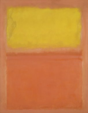 Two hazily painted rectangles, one yellow and the second a burnt orange, float against an orange creamsicle colored background, which is visible along the margins of the canvas and in a strip separating the two rectangles. The yellow rectangle is smaller, extending about a third of the way down from the top of the canvas. The burnt orange rectangle fills much of the bottom two thirds of the canvas.