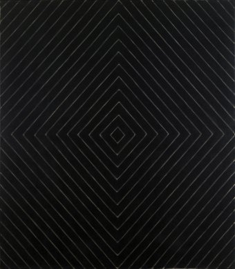 A pattern of concentric, white diamond shapes fills this otherwise black canvas. The pattern extends from the paintings center at regular intervals of two and a half inches with the largest diamonds partially cut off at the work’s edges.