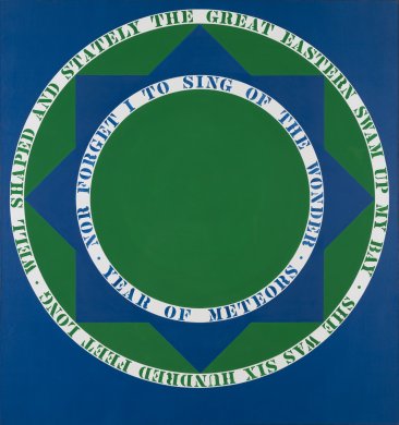 At the center of the painting is a blue, eight-pointed star against a green background within two concentric circles of stenciled, all-capitalized text on white. The circle within the smaller of these rings is green, and the background visible outside the larger of these rings is blue. The text in the smaller of these rings is blue and the text in the larger of these rings is green.