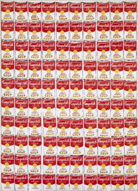 The front-facing, red, gold, and white labels of one hundred cans of Campbell’s Condensed Beef Noodle Soup fill this vertically oriented canvas. The cans are organized in a tight grid of ten rows and ten columns. The bottoms of the last row of cans are cut off so that only the upper halves of these cans are visible.