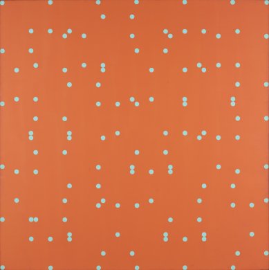 Light blue polka dots randomly pepper the solidly orange-colored surface of this large square canvas. Neat rows of six or seven dots line the painting’s edges. The contrast between the vibrant orange and pale blue creates an optical effect that makes it appear as if the blue dots are vibrating.