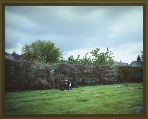 Just left of this image’s center, the small figures of two young men emerge from a gap in the largely dead hedge with patches of ivy growing around a chain-link fence that spans across the center of this image beneath an ominously clouded sky. The neatly trimmed grass, sunken headstones, and flower arrangements in the foreground suggest that these men are entering a cemetery.