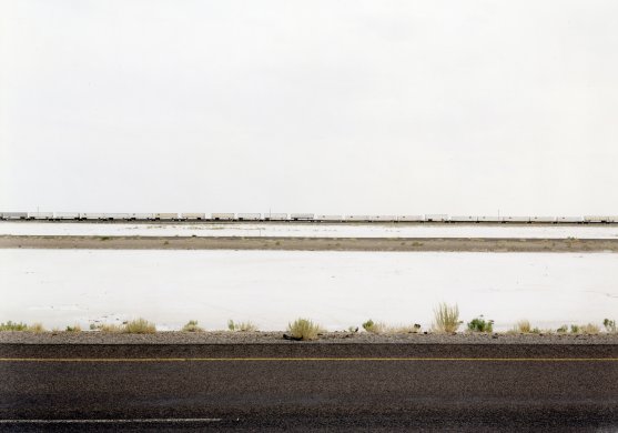 Untitled (white trains on salt flats, I-80, Great Salt Lake Desert, Utah)