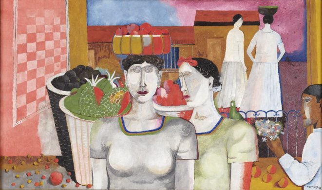 Two solemn-looking women, one carrying a basket of fruit on her head, stand in center of this colorful, horizontally oriented canvas. Behind them and to the left are three large containers filled with tropical fruit, some of which is also scattered on the ground. Behind them and to the right are two more women walking toward a long, low building in the background. A young boy in the right corner extends with his left hand a bunch of flowers toward the two central women.