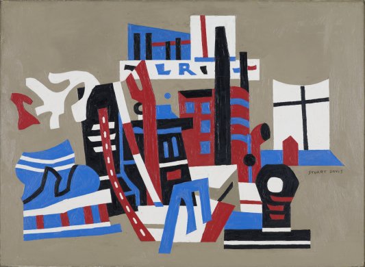 Abstract shapes filled with solid areas of red, blue, white, and black paint float in a loosely linked cluster in the middle of this small beige canvas. Many of the shapes loosely resemble buildings, including a red structure with blue windows and tall black smokestacks at center, which sits beneath a white rectangle featuring the letters L and R in blue. A white shape with red edges at bottom resembles at boat while a patch of blue at bottom left may suggest water.