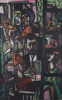 More than a dozen figures crowd this canvas. Four appear to be seated around a table in the center and the rest appear to be standing elsewhere in the room. The figures’ features are abstracted, exaggerated, and outlined with thick black lines filled with a range of shades of muted russet, turquoise, pink, and green. The black frame of what appears to be a French door interrupts the right third of the composition.