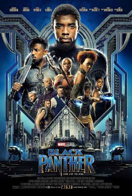 Movie poster for Black Panther, showing a Black man at the top and nine other people below him, rendered as slightly smaller, with a futuristic background