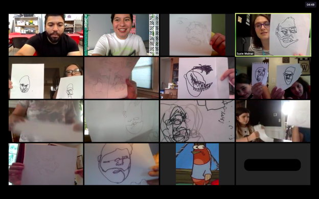 A grid of 16 rectangles featuring people holding up blind contour drawings of faces