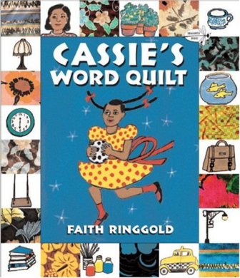 Book cover featuring the title "Cassie's Word Quilt" above a dancing girl, with illustrations around the outside
