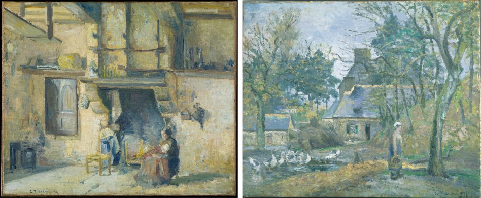 Camille Pissarro&#039;s The Kitchen at Piette’s, Montfoucault on left with his Ferme à Montfoucault (Farm at Montfoucault) on right