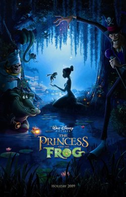 The movie poster for The Princess and the Frog, showing the silhouette of a black girl in profile holding a frog in her hands