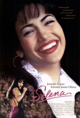 A film poster for Selena with a close-up of the face and shoulders of a Latinx woman smiling