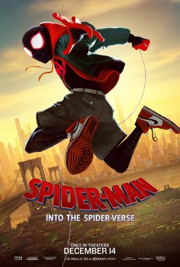 Movie poster for Spider-Man: Into the Spider-Verse, showing Spider-Man flying through the air high above a city